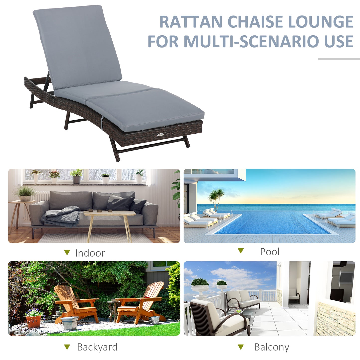 Wicker Patio Lounger, Outdoor Recliners Lounge Chair w/ 5-Level Adjustable Backrest, Cushion for Outdoor, Khaki