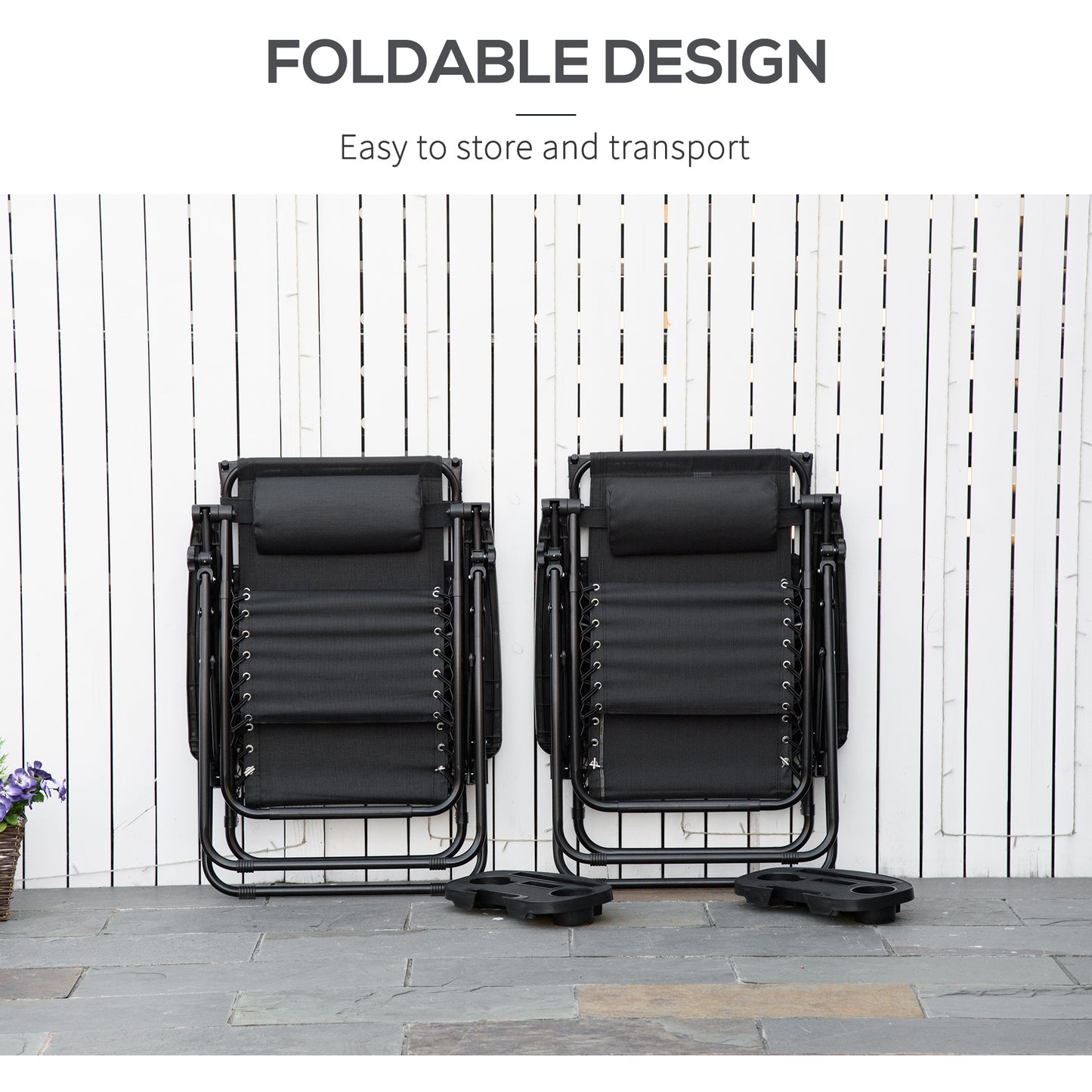 2 Piece Foldable Lounge Chair with Canopy Shade, Outdoor Zero Gravity Chair w/ Side Tray & Cup Holder, Reclining Lounger w/ Breathable Mesh Fabric Seat, Pillow, Black