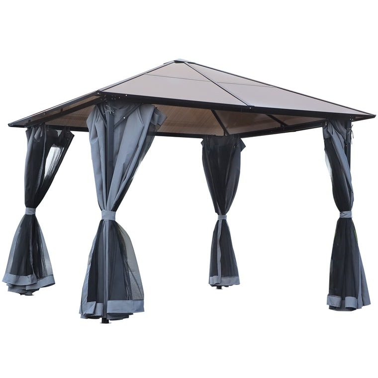 9.8' x 9.8' Grey Aluminum Hardtop Gazebo with Mesh Curtains