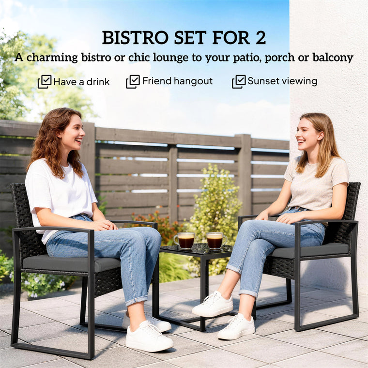 3-Piece Wicker Bistro Set with Glass Top Table - Dark Grey