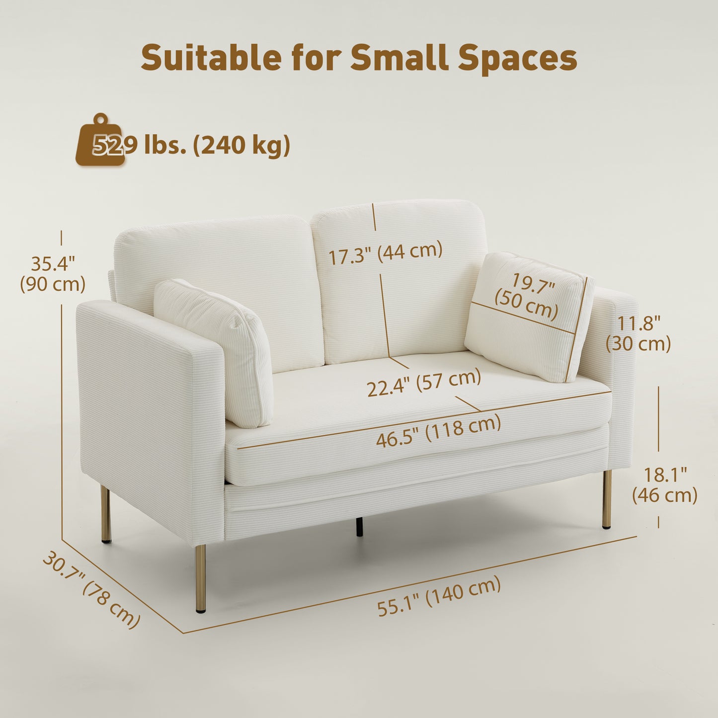 Loveseat Sofa, 55" Small Sofa Couch with 2 Pillows, Metal Legs for Living Room, Bedroom, Apartment, Cream White