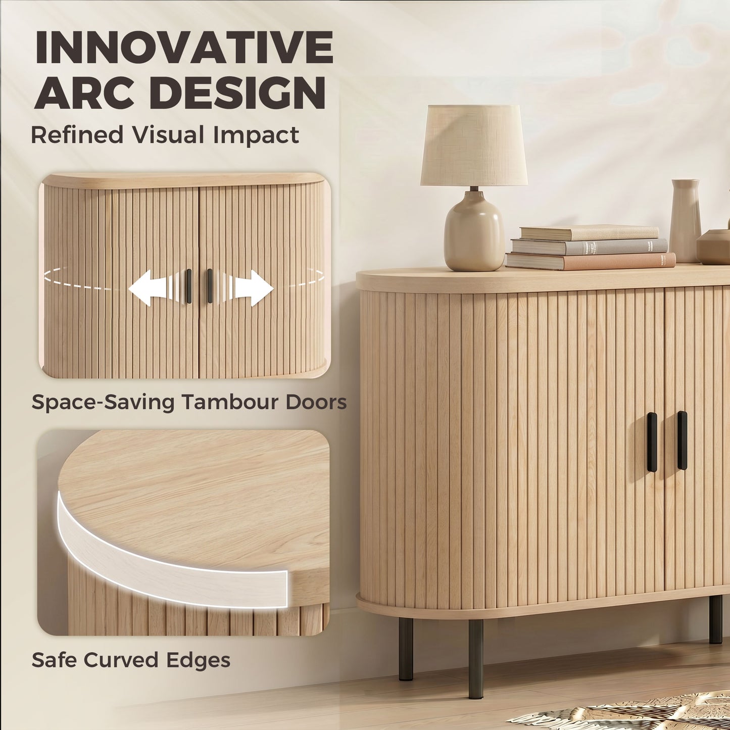 Sideboard Buffet Cabinet with Curved Tambour Doors and Storage, Natural Wood