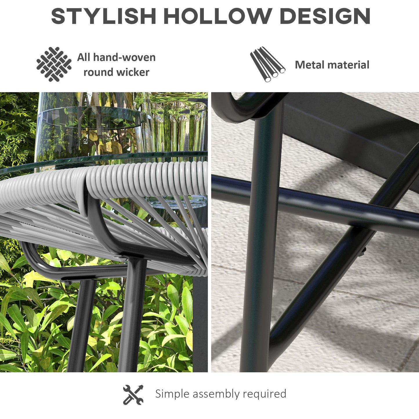 Rattan Side Table, Round Outdoor Table, with Round PE Rattan and Tempered Glass Table Top for Patio, Garden, Dark Grey