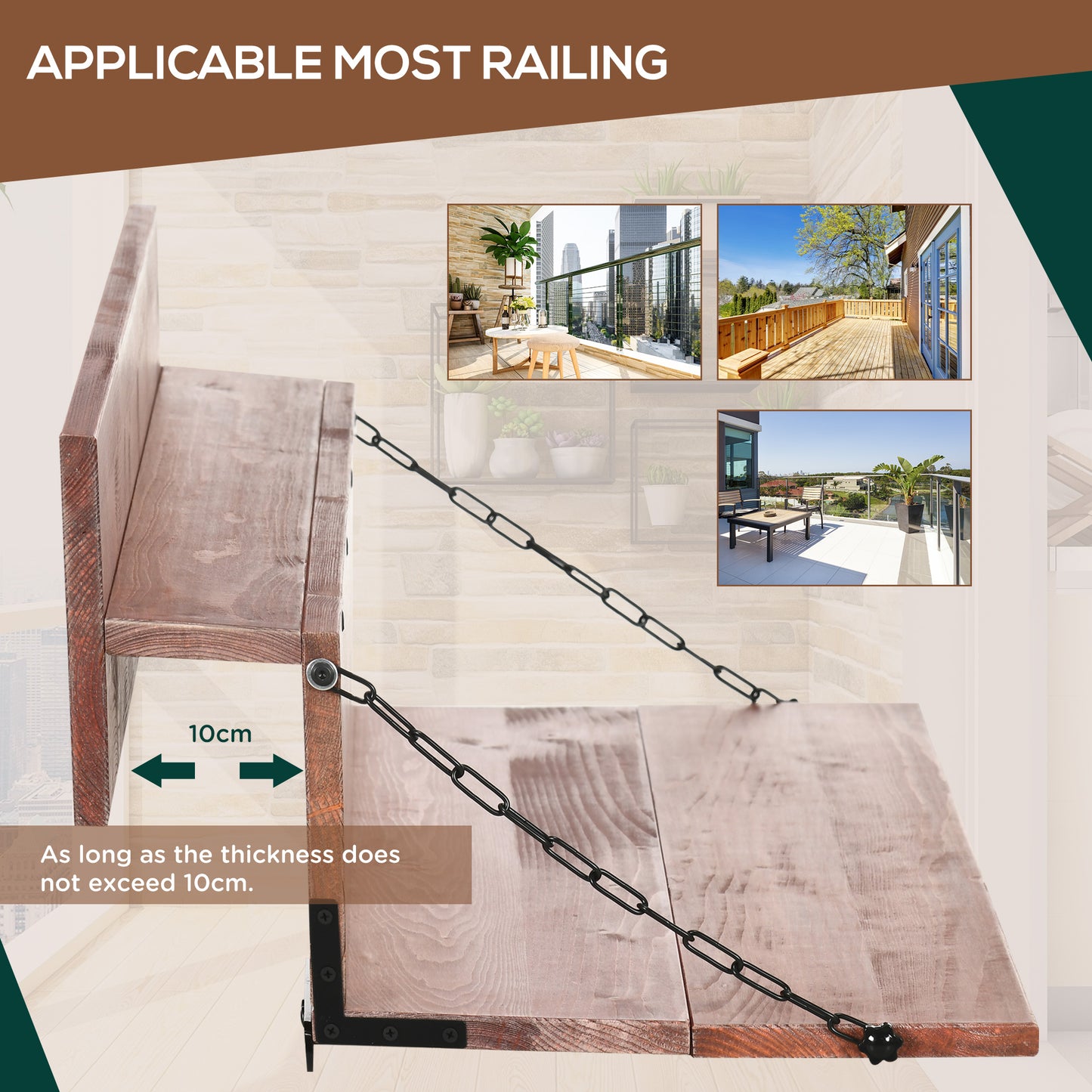Railing Hanging Table, Folding Balcony Table, Spruce Foldable Desk with Width 39.4 inch for Patio and Garden, Orange