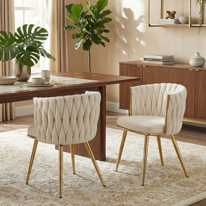 Velvet Dining Chairs Set of 2 with Woven Backrest - Cream White