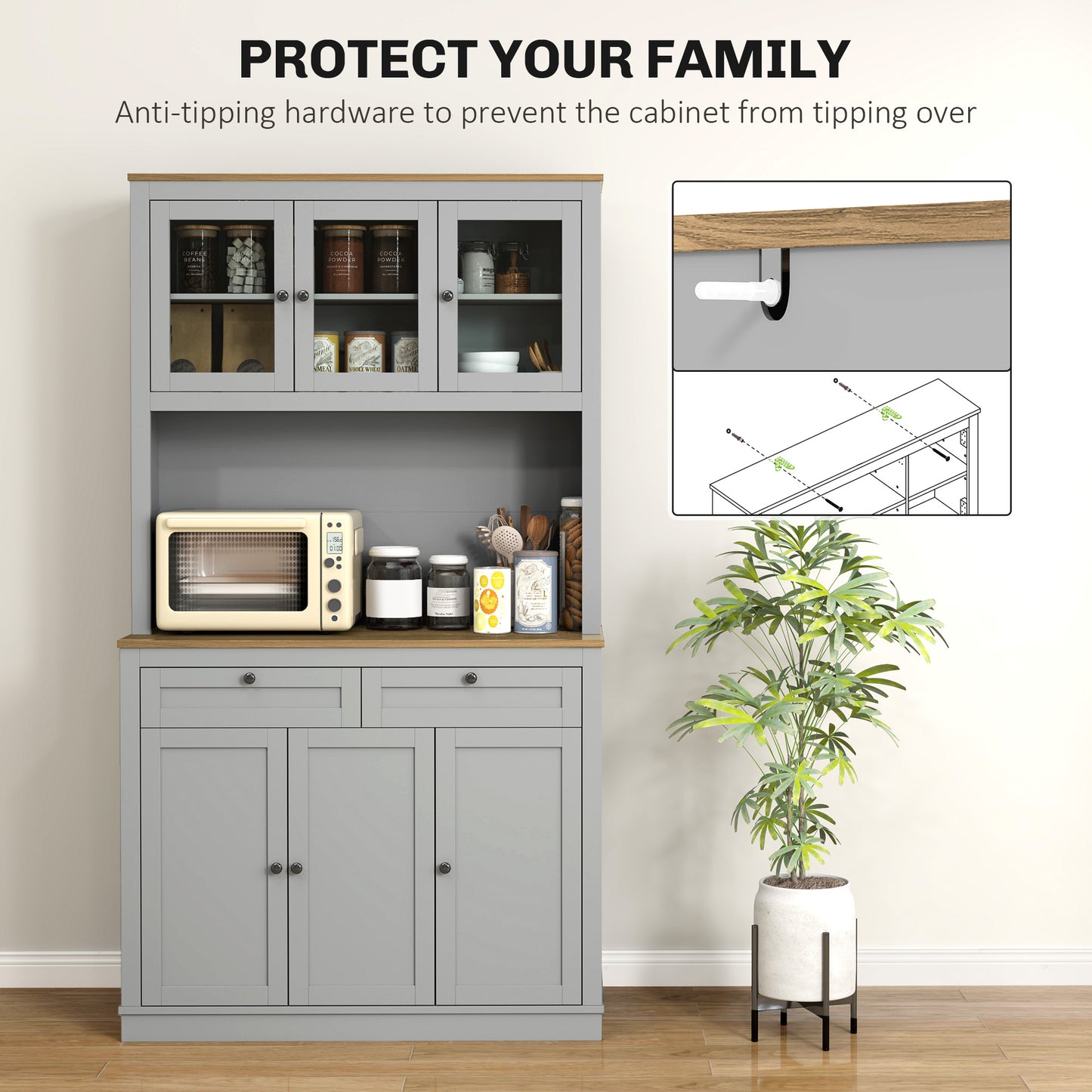 71" Pantry Cabinet with Microwave Space, Buffet with Hutch, 2 Drawers, Adjustable Shelves and Glass Doors, Grey