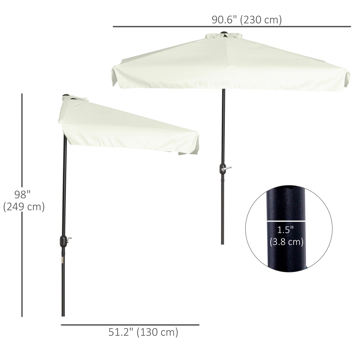 7.5ft Cream Half Parasol with Crank Handle & Top Vent