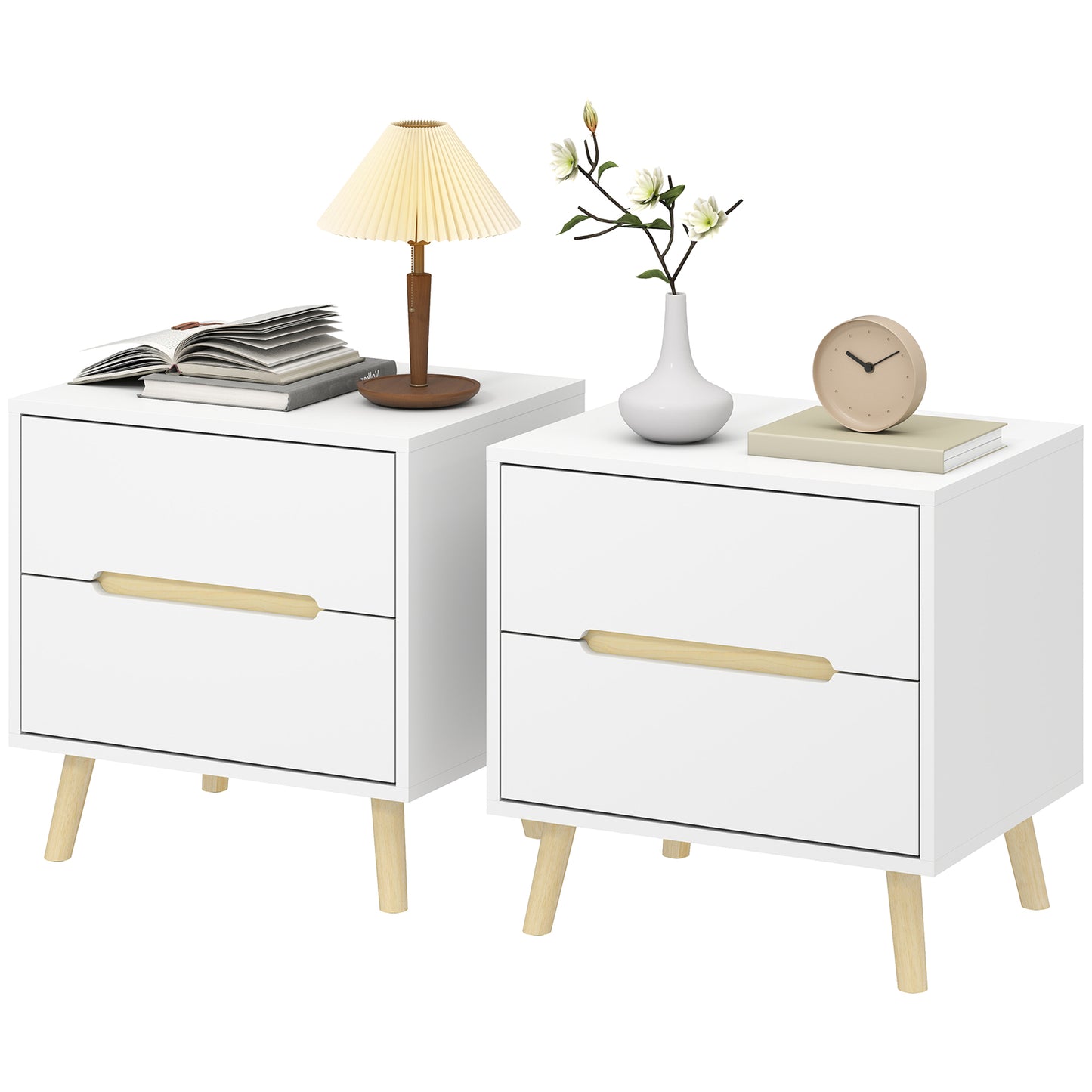 Nightstands Set of 2, Bedside Table with 2 Drawers, Modern Side End Table with Solid Wood Legs for Bedroom, White