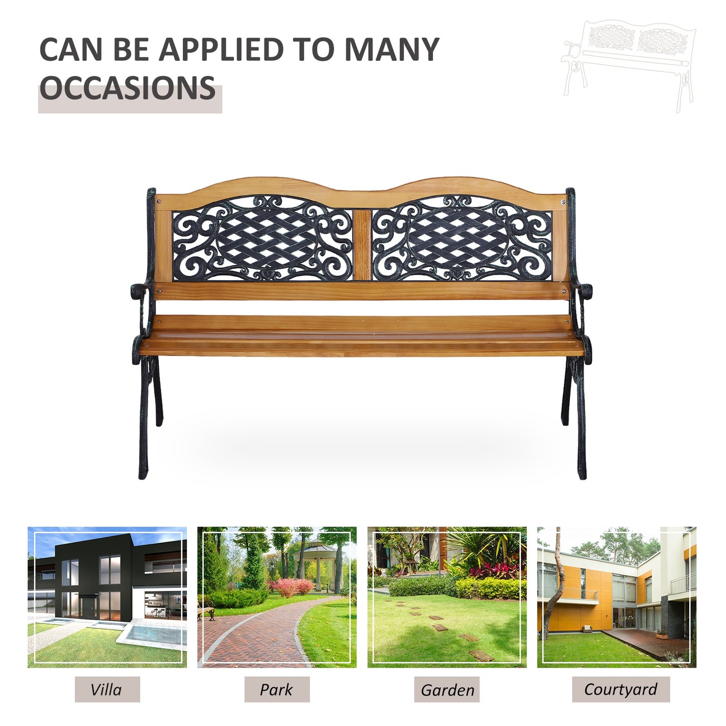 50" Outdoor Garden Bench, Park Patio Bench Loveseat, Wood & Metal Frame with Plastic Flourish Backrest, Natural Wood