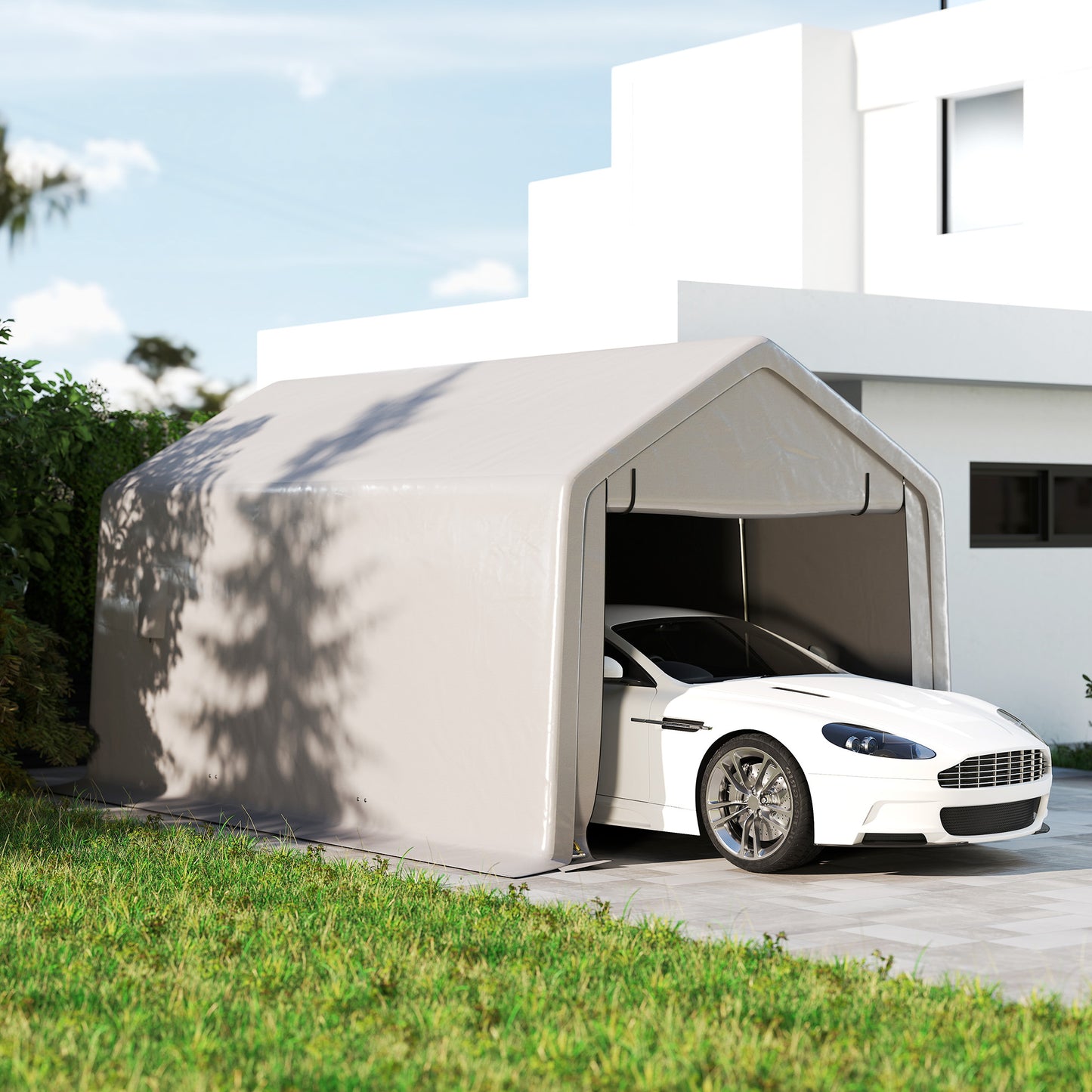 Heavy Duty Carport, 10 x 17 ft Portable Garage with Roll-up Zipper Door for Motorcycle Garden Storage, Grey