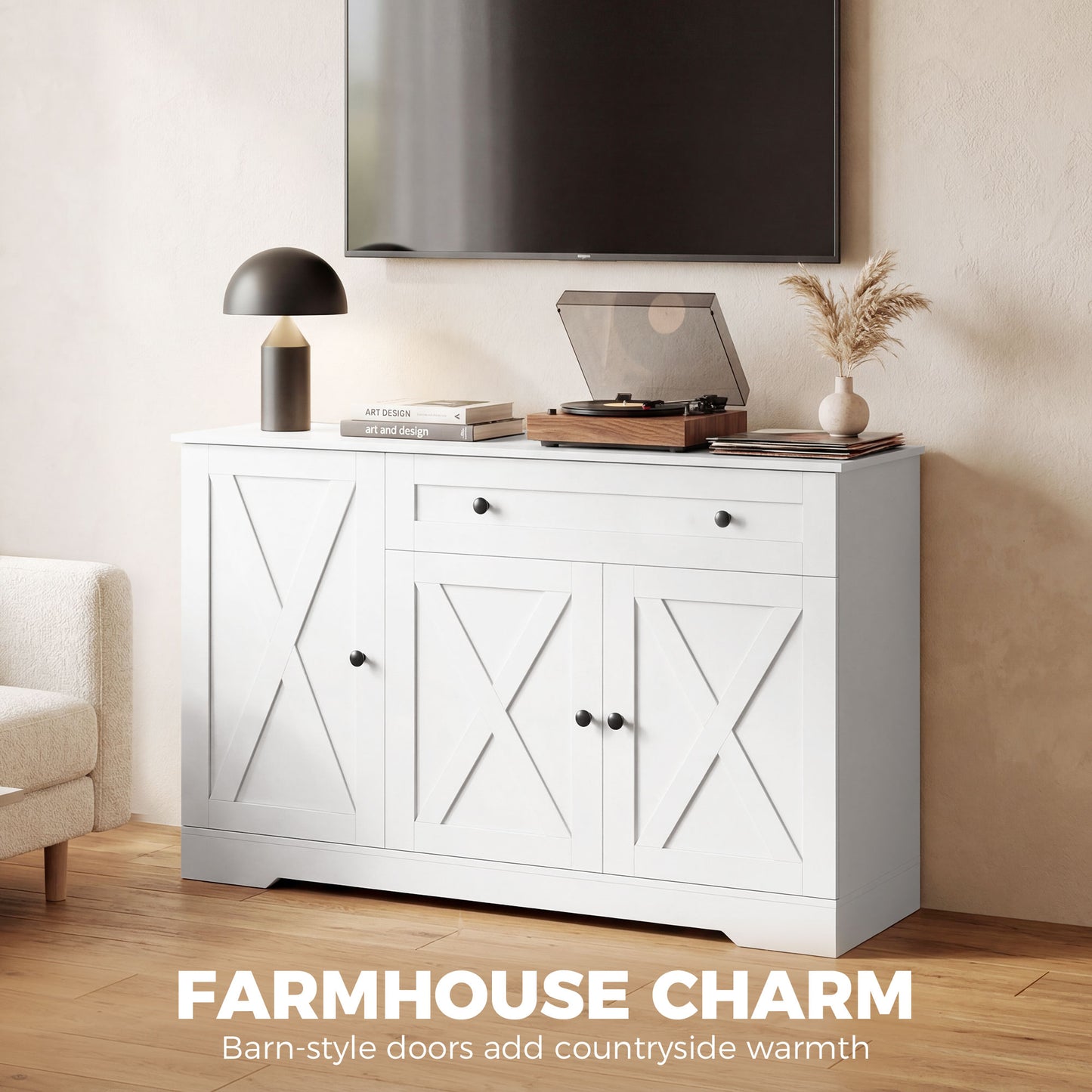 Sideboard Buffet Cabinet, Farmhouse Coffee Bar Cabinet with Door Shelves, Adjustable Shelves, Drawer, Barn Doors, White