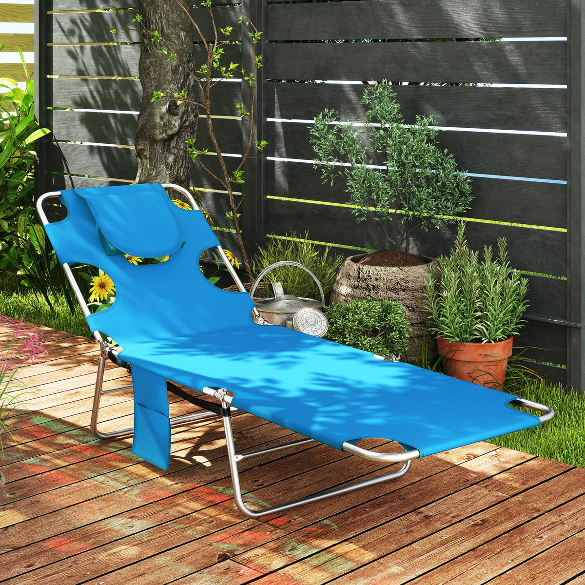 Folding Outdoor Lounge Chair, 5-Level Tanning Chair with Face Hole, Side Pocket, Carry Strap for Beach Pool, Blue