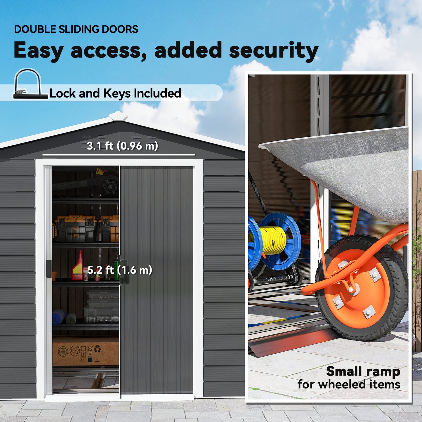 8' x 7' Outdoor Storage Shed, Easy to Assemble, Upgraded Galvanized Metal Garden Shed with Lockable Doors, Floor Frame and Gloves for Backyard, Lawn, Patio, Dark Grey
