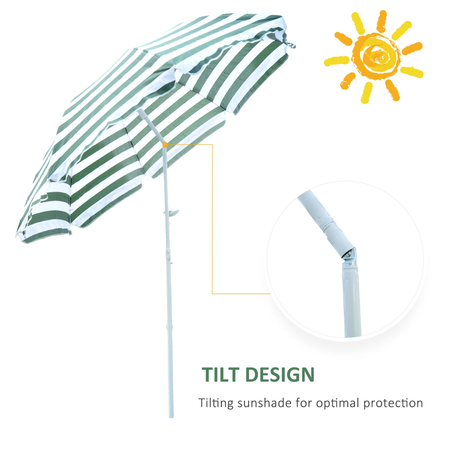6FT Round Beach Umbrella with Tilt Mechanism, Outdoor UV Protection Sun Shaded Canopy with Push Button, Striped Green