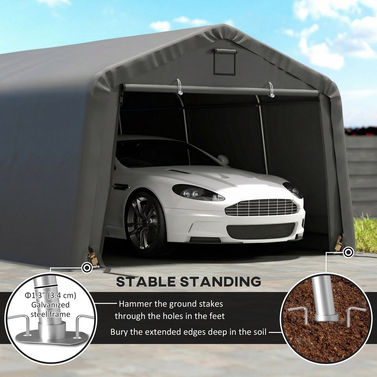 Portable Garage, Heavy Duty Carport Canopy with Ventilation Windows and Large Roll-up Door, Dark Grey