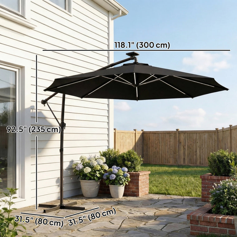 10' Black Offset Patio Umbrella with Solar Light & 360° Rotation