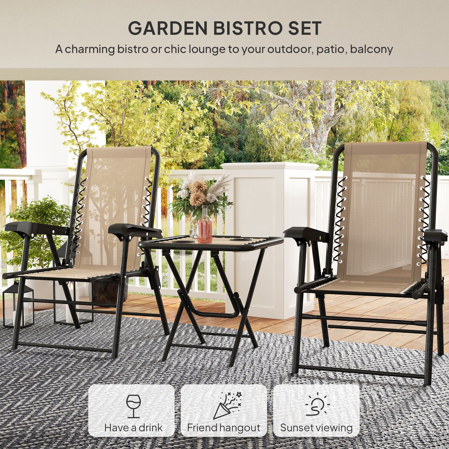 3 Pieces Patio Bistro Set, Outdoor Folding Table and Chairs Set, Metal Patio Furniture Set with Cup Holders
