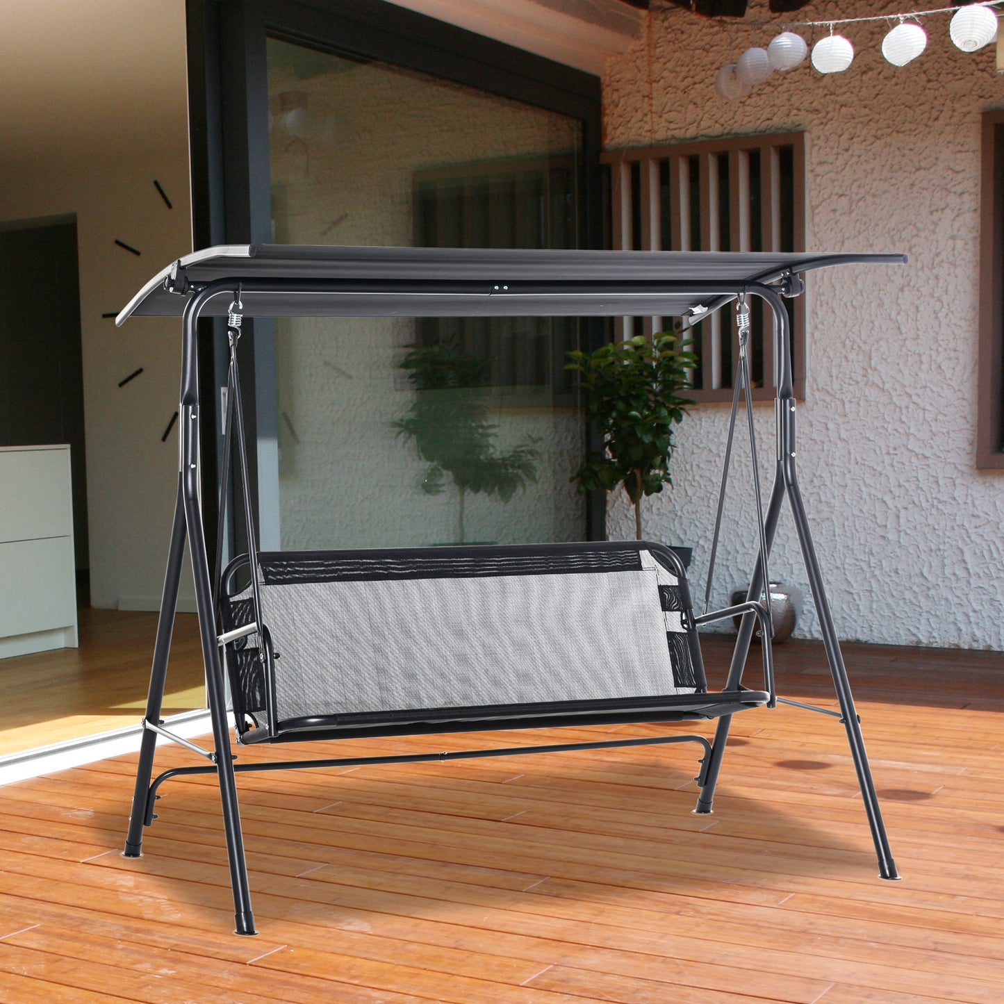 2-Person Porch Swing Chair, 2 Seater Patio Swing Bench w/ Adjustable Canopy, Breathable Seat for Garden, Poolside, Black