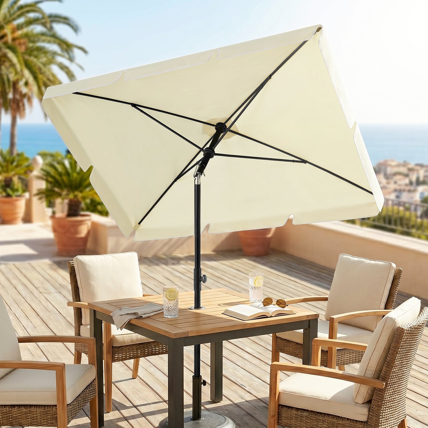 6.5x4ft Rectangle Patio Umbrella Aluminum Tilt Adjustable Garden Parasol Sun Shade Outdoor Canopy Cream White
