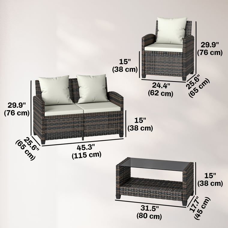 4-Piece Wicker Conversation Set with 2-Tier Table - Beige