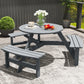 6 Person Round Picnic Table Bench Set with Umbrella Hole, Wood Patio Table with 3 Built-in Benches for Garden, Deck, Backyard, Grey