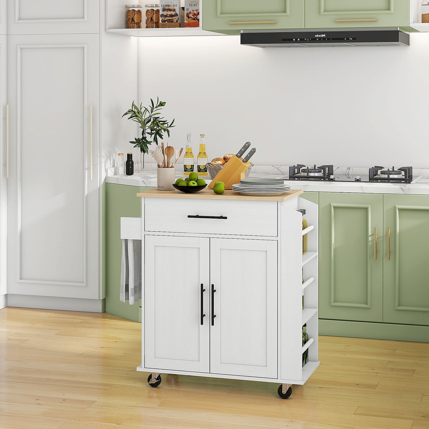 Rolling Island with Wheels for Kitchen, Kitchen Island on Rollers with Power Outlets, Drawer and Doors