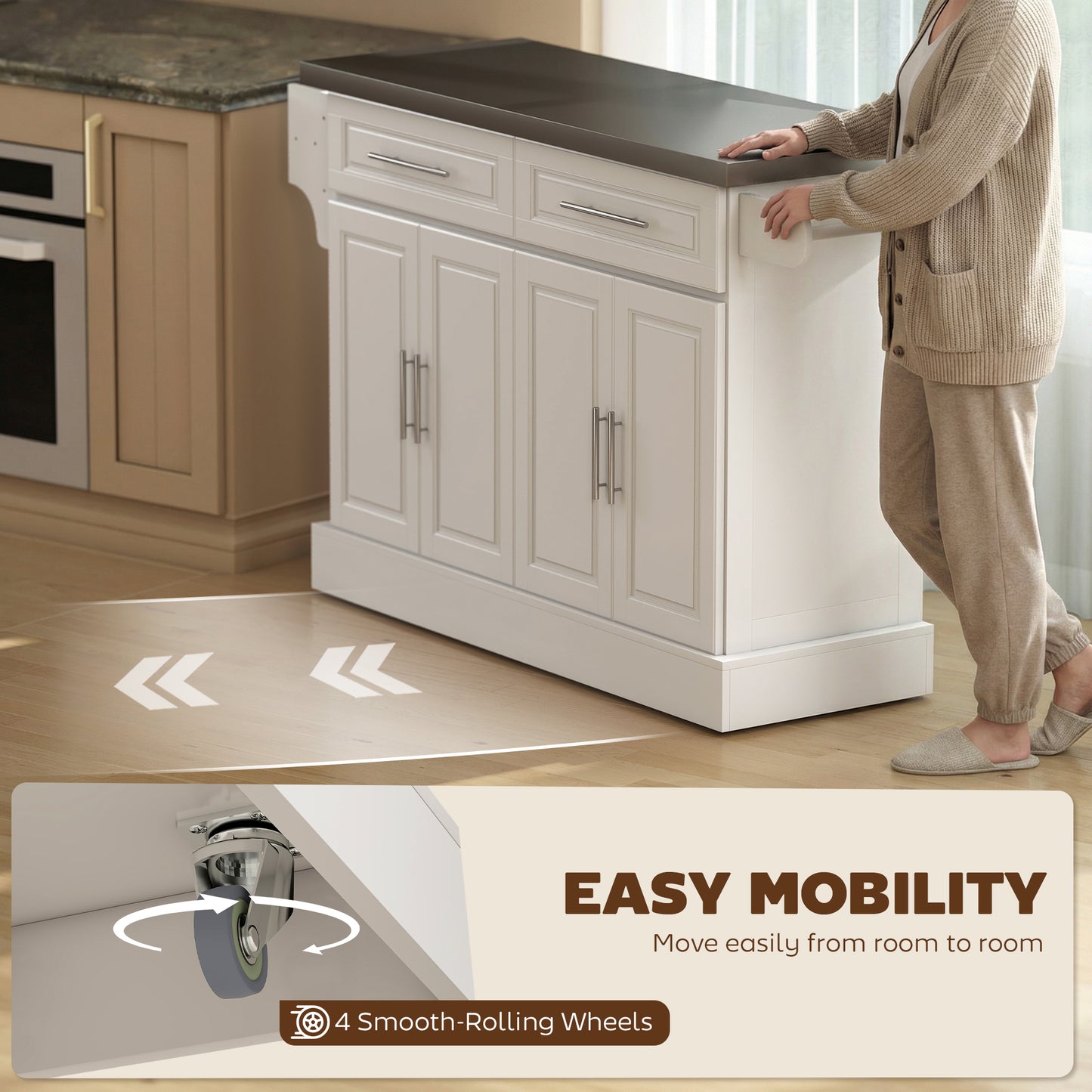 Rolling Kitchen Island with Storage and Stainless Steel Top, Kitchen Trolley with Drawers, Cabinets, Towel Rack