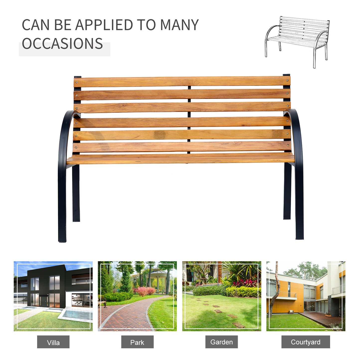 48"L Garden Bench Outdoor Patio 2-Person Wooden Seat Chair Park Loveseat Yard Furniture w/ Steel Frame