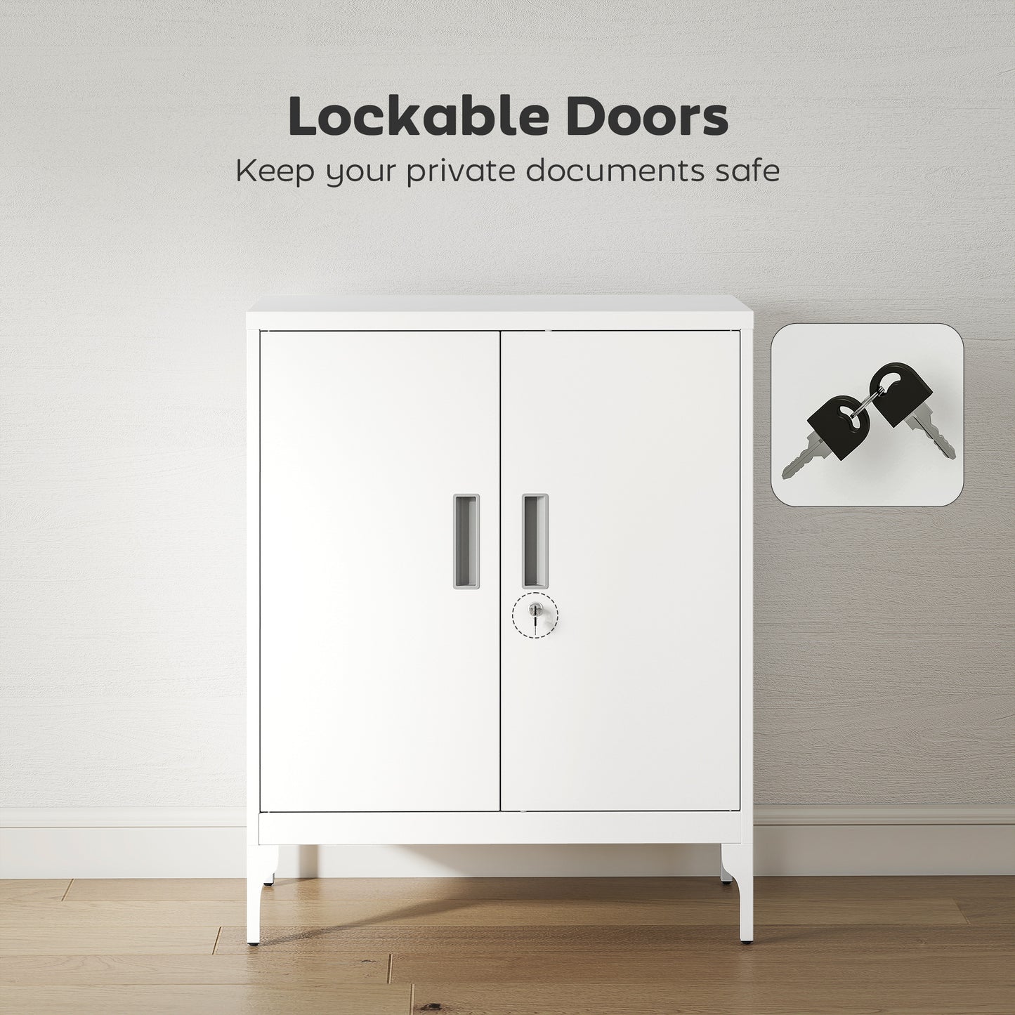 Office Storage Cabinet with Lock, Filing Cabinet with Adjustable Shelves and Doors for Home Office, Garage, White