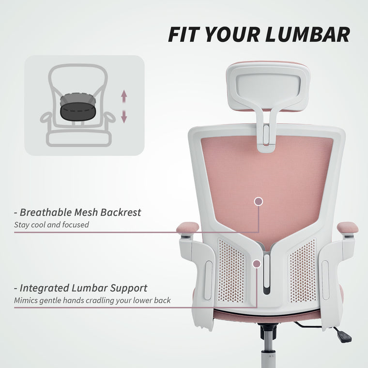 Ergonomic Office Chair with Lumbar Support and Headrest - Pink