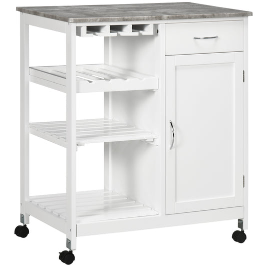 Rolling Kitchen Cart with Wine Rack and Marble Top - White