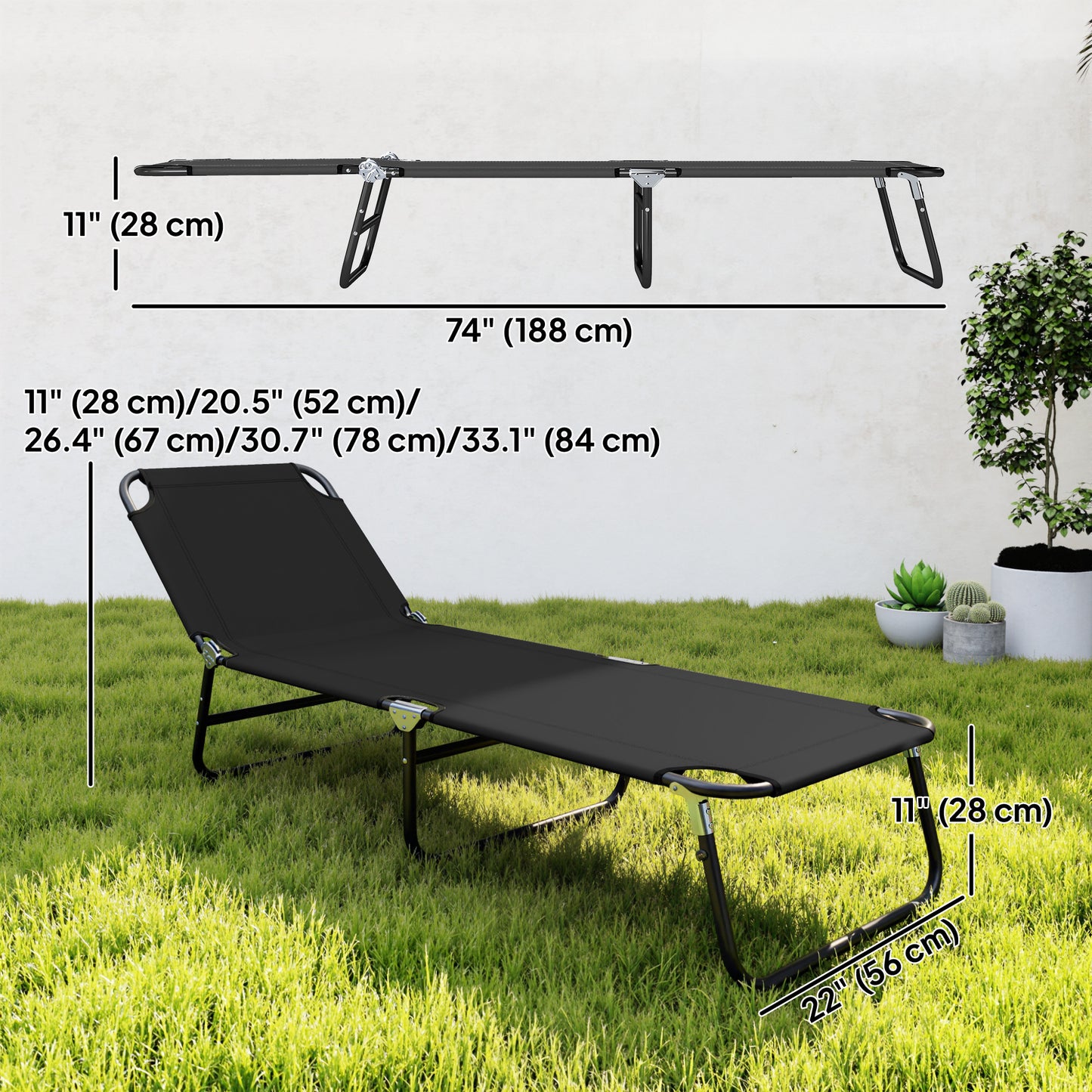 Outdoor Folding Lounge Chair, Steel Tanning Chair with Reclining Back, Breathable Mesh for Beach, Yard, Patio, Black