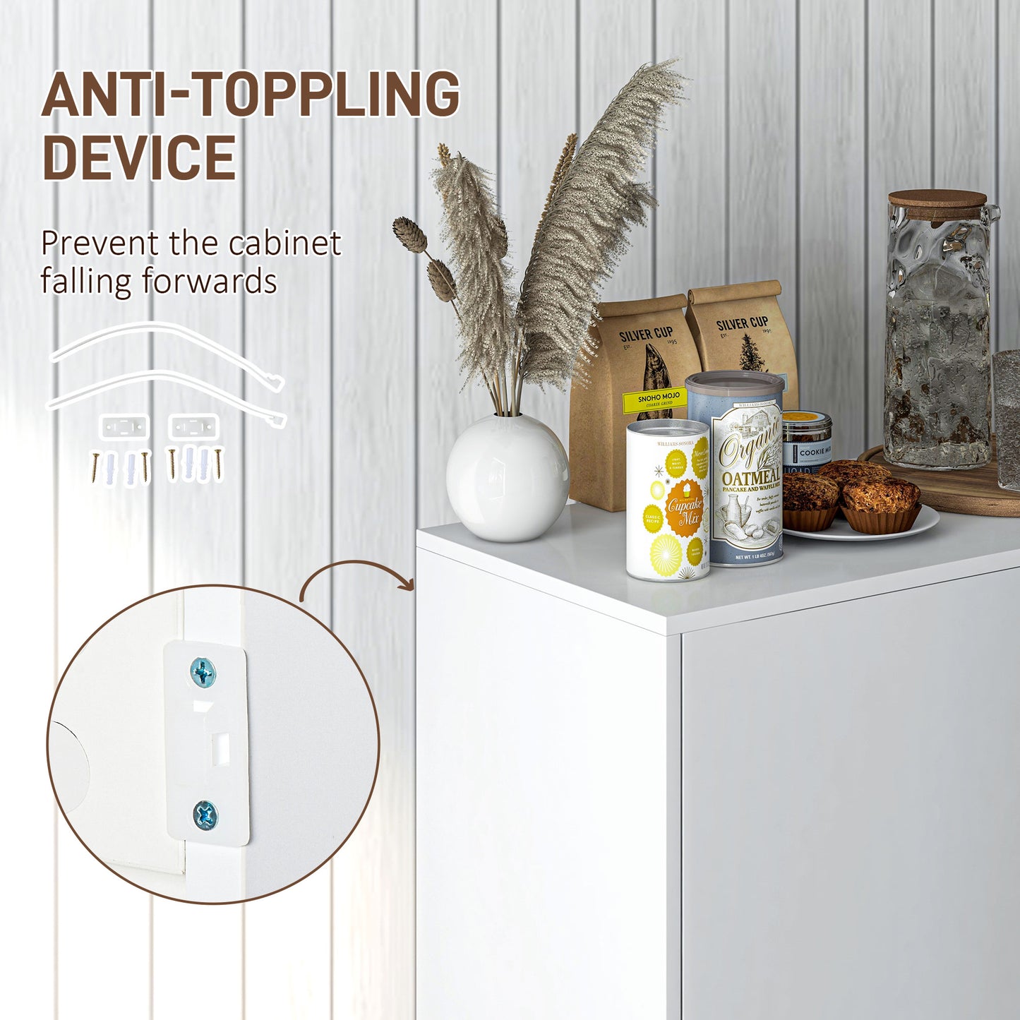 Kitchen Sideboard Storage Cabinet, Modern Coffee Bar with Push-Open Design and 2 Drawers for Living Room, White