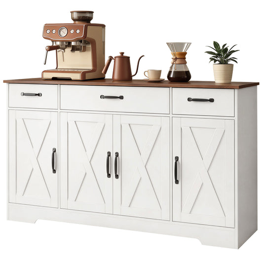 55" Farmhouse Sideboard Buffet Cabinet with 4 Barn Doors - White