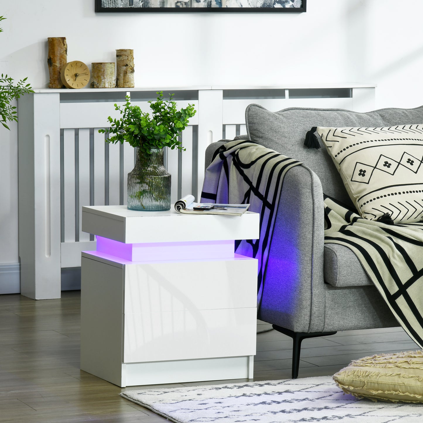 Nightstand, Bedside Table with LED Lights and 2 Drawers for Bedroom, Living Room, White