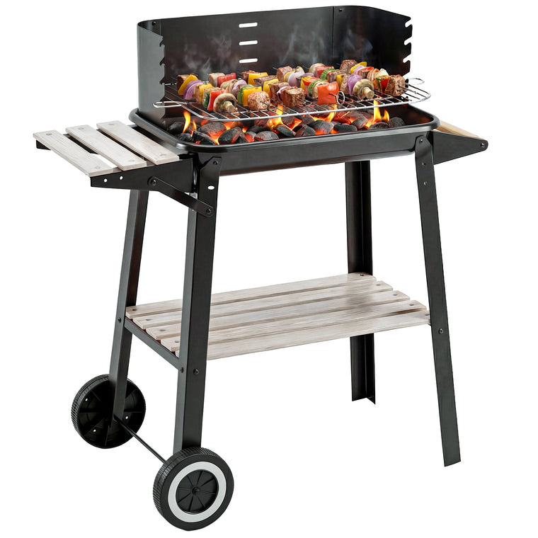 Charcoal BBQ Smoker Trolley with Side Trays & Storage Shelf