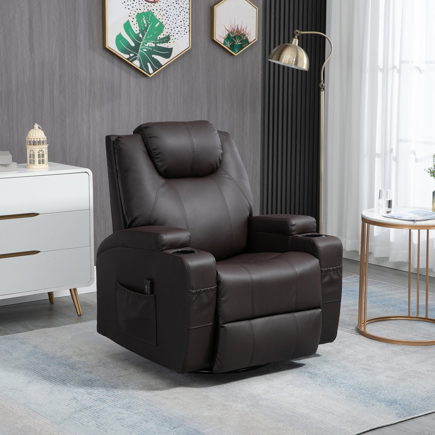Massage Recliner Chair, Swivel Nursery Rocker Chair, Manual Reclining Sofa with 8 Vibration Points, PU Leather, Cup Holders, Side Pockets, for Living Room, Brown
