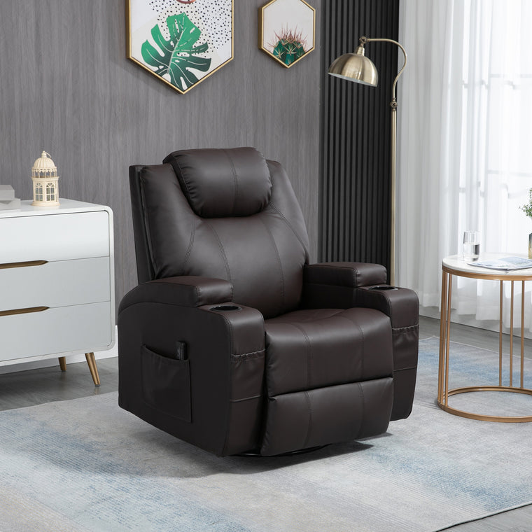 Swivel Massage Recliner with 8 Vibration Points - Brown