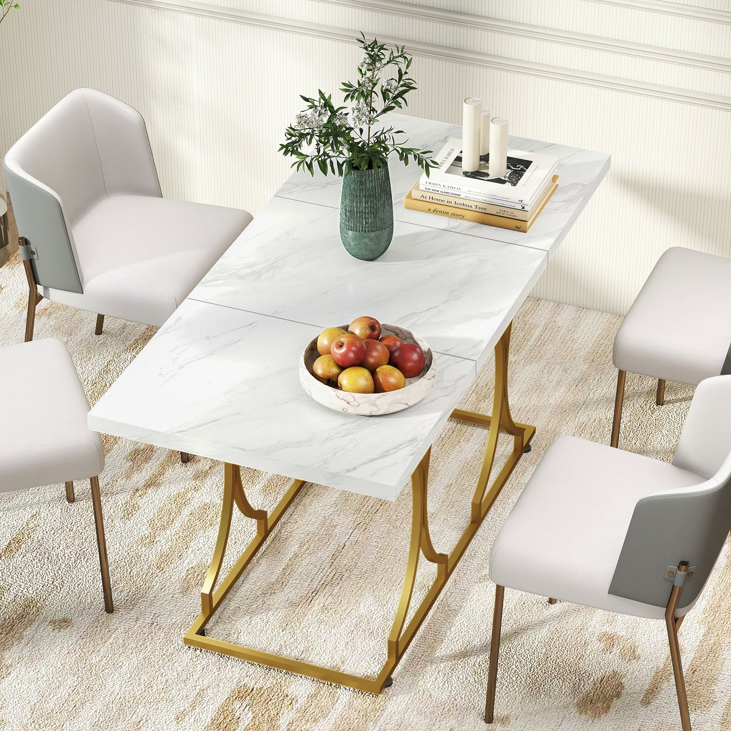 59-Inch Dining Table for 6, Modern Marble-Pattern Kitchen Dinner Table with Metal Pedestal for Home, Dining Room, White