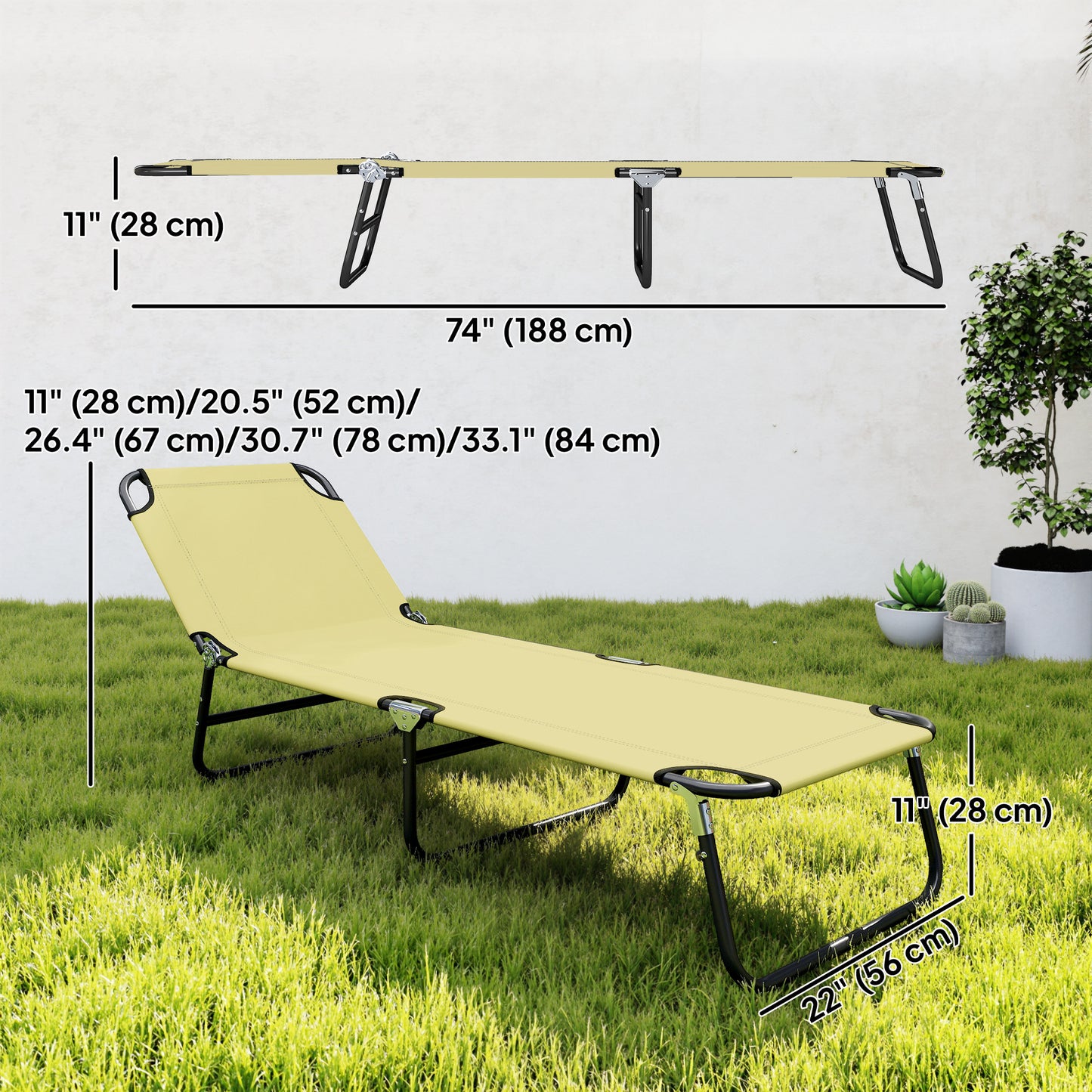 Outdoor Folding Lounge Chair, Steel Tanning Chair with Reclining Back, Breathable Mesh for Beach, Yard, Patio, Cream
