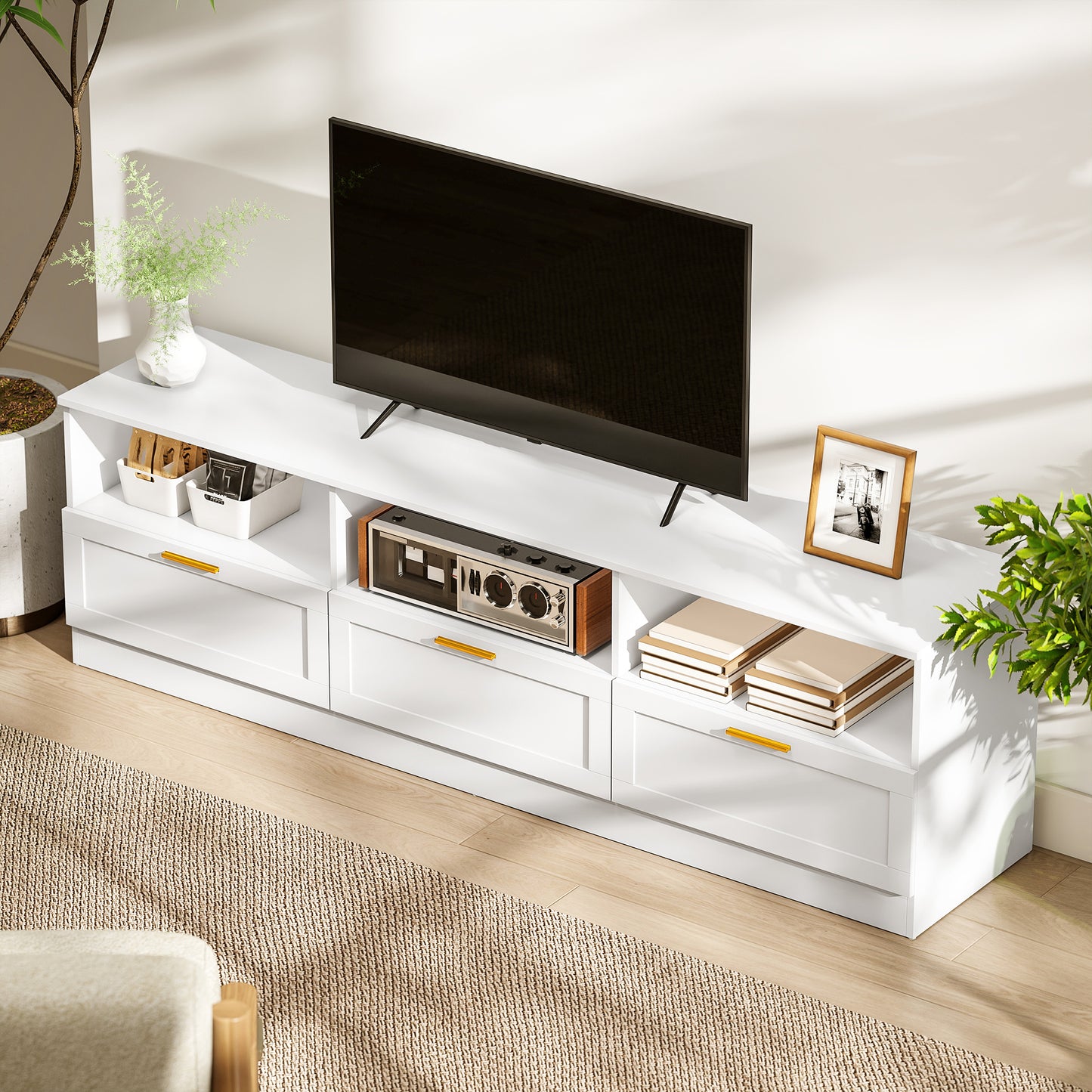 TV Stand with Storage, Modern Entertainment Center with 3 Cabinets and 3 Open Shelves, for TVs up to 85", White