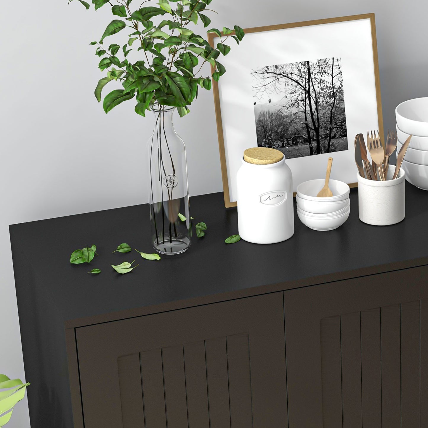 Modern Sideboard Buffet Cabinet with 4 Drawers and 2 Beadboard Doors, Kitchen Storage Cabinet, Black