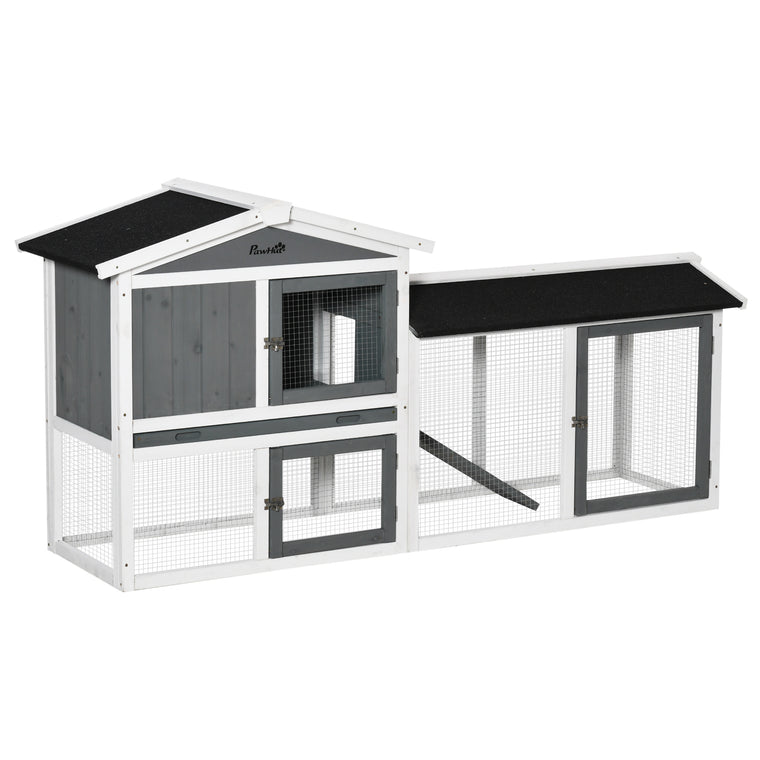 69" White Wooden Rabbit Hutch with Run & Slide-Out Tray