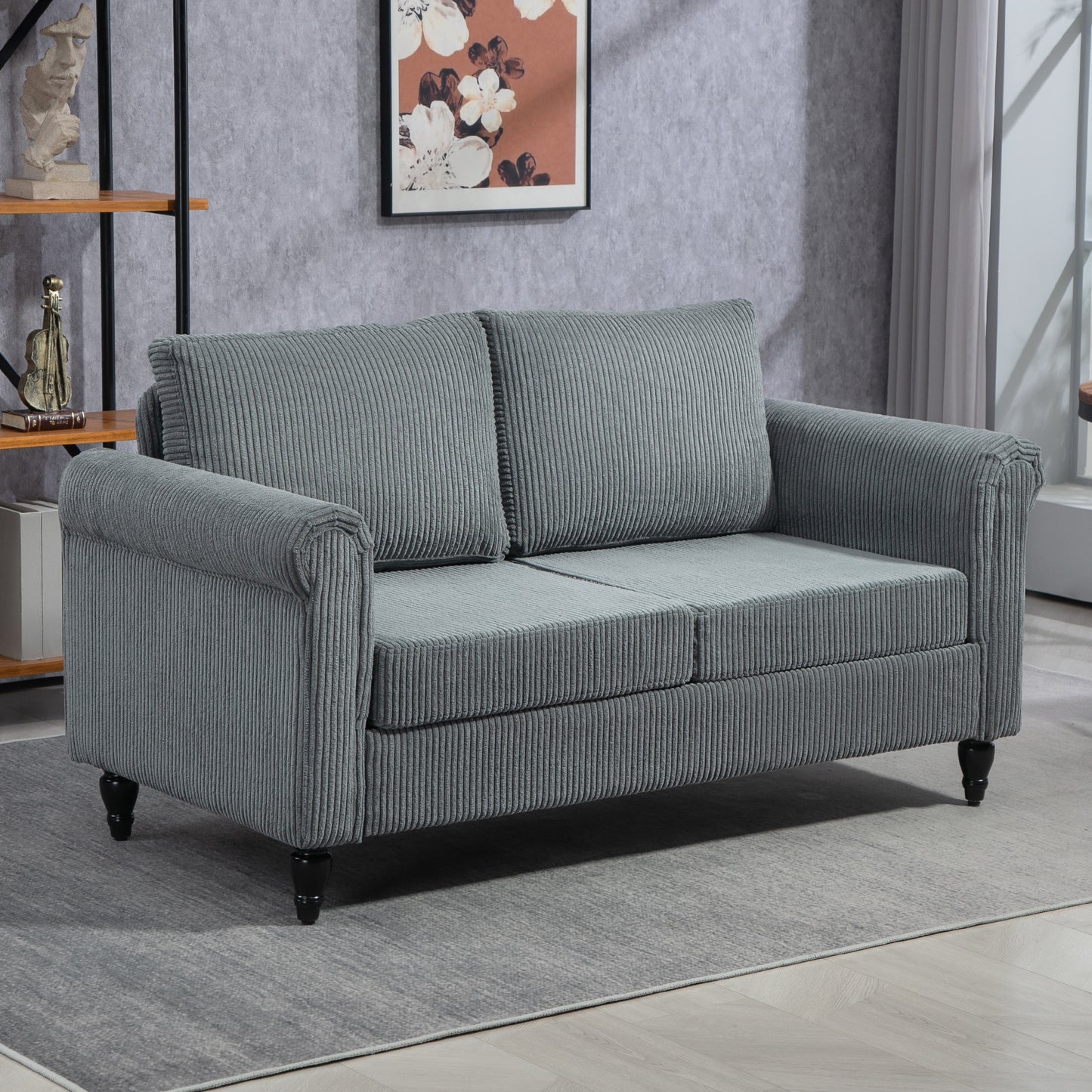Vintage Loveseat, Upholstered Love Seat Furniture, Fabric 2 Seater Sofa with Rolled Arms, Rubber Wood Legs, Grey