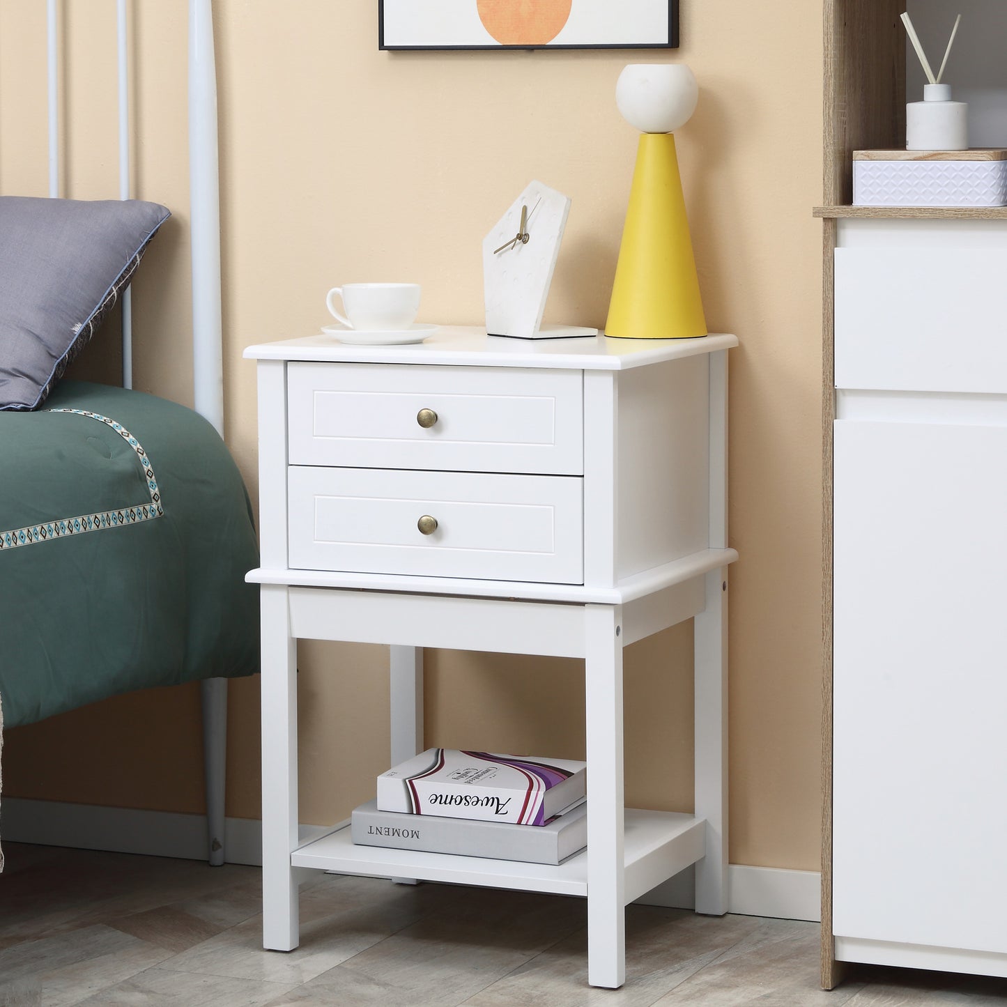 Modern Sofa Side Table, Accent End Table with Drawers and Storage Shelf, Nightstand for Bedroom Living Room, White