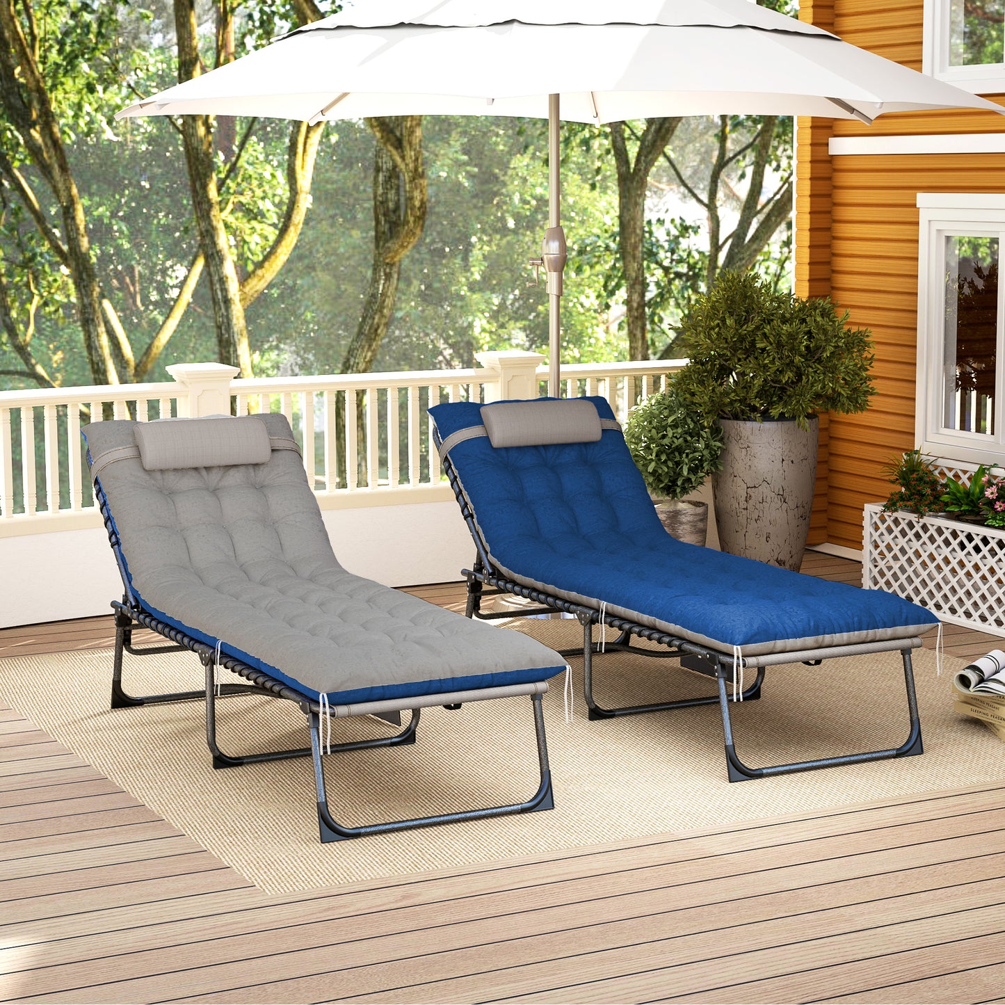 Outdoor Lounge Chair Set of 2, Folding Chaise Lounge Tanning Chair with Cushion, Side Pocket, Brown/Blue