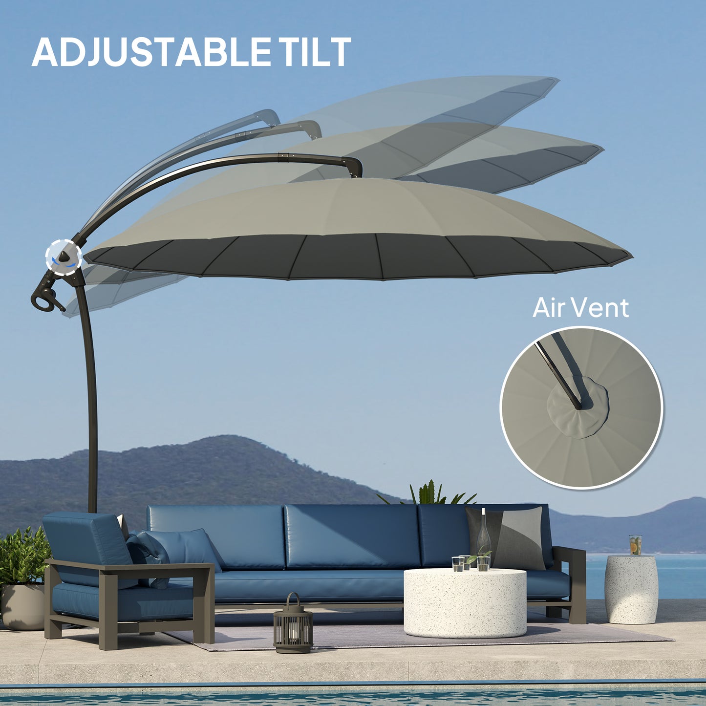 9FT Grey Cantilever Umbrella with 16 Fibreglass Ribs