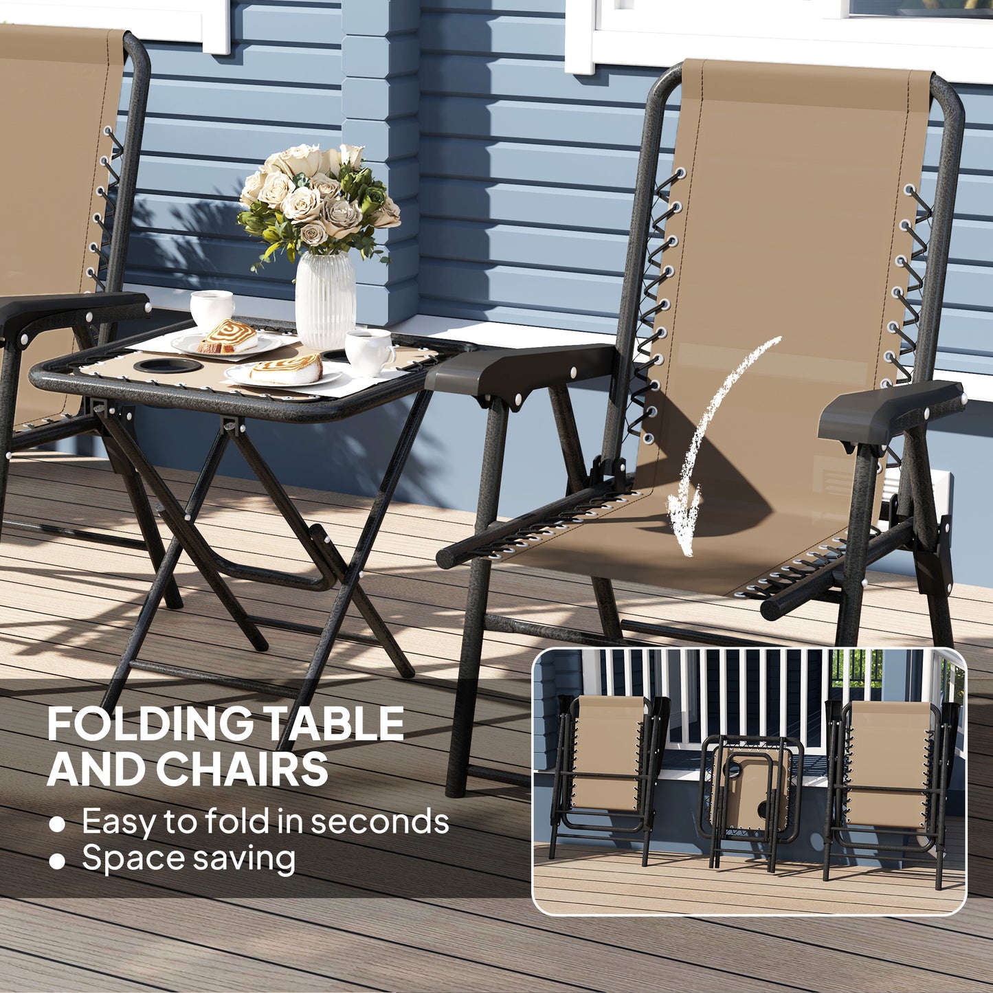 3 Pieces Patio Bistro Set, Outdoor Folding Table and Chairs Set, Metal Patio Furniture Set with Cup Holders