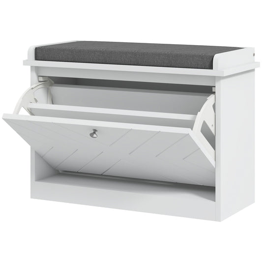 Shoe Storage Bench with Flip Drawer - White