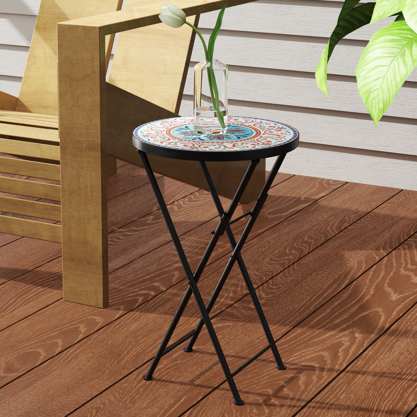 Mosaic Outdoor Patio Side Table, 14" Round Folding Outdoor Coffee Table with Steel Frame for Balcony Deck Patio Terrace, Mixed Colour